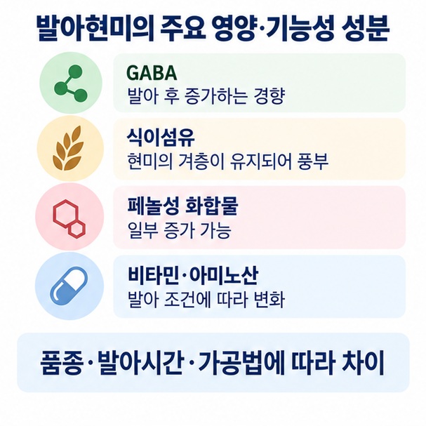 발아현미에서 GABA 식이섬유 페놀성 화합물 비타민 아미노산이 어떻게 달라질 수 있는지 비교한 이미지