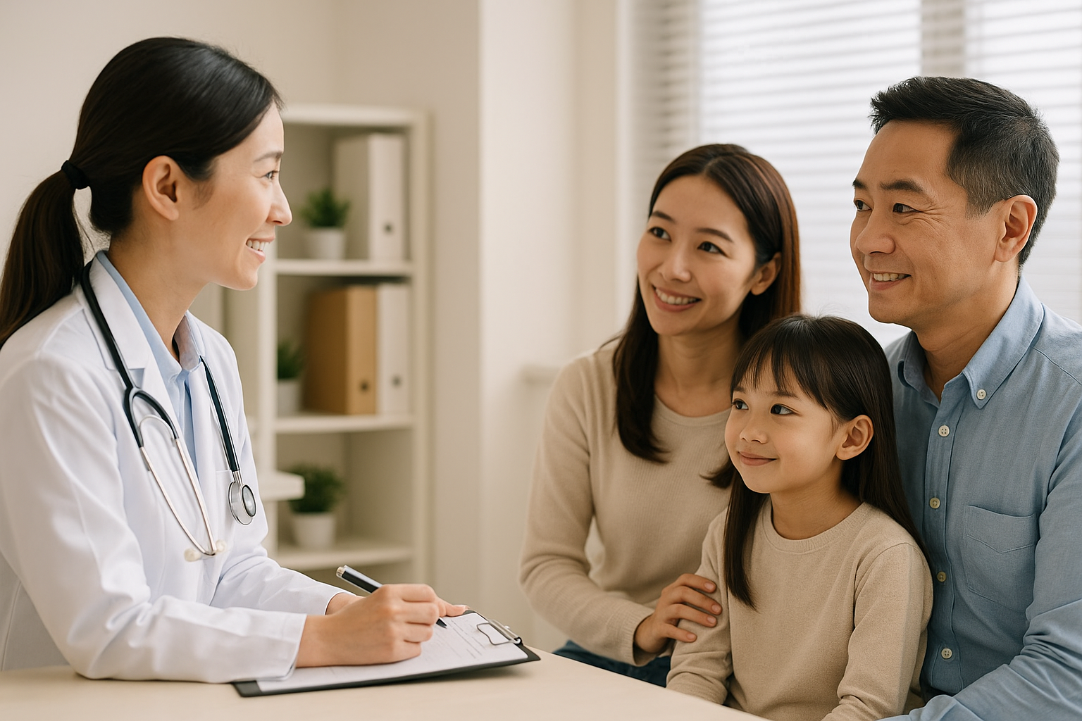 의사와 상담 중인 가족의 모습, 독감 예방접종 안내 상황