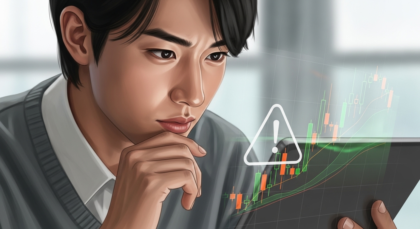 사회초년생이 투자 원칙을 지키며 장기적인 관점으로 복잡한 투자 차트를 신중하게 살펴보는 모습.