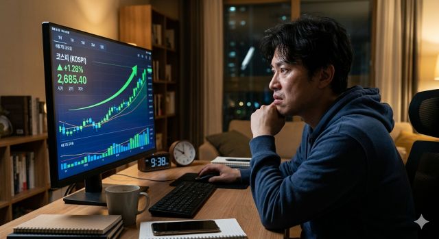 코스피 상승 그래프를 보며 투자 고민하는 개인 투자자 모습