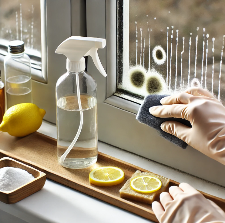 자연 세제로 창문틀의 묽은 얼룩을 닦는 모습