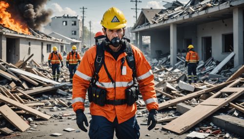 방재전문가가 재난 현장에서 재난복구활동을 하고 있다.