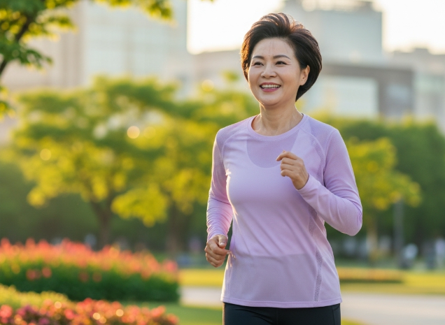 즐겁게 슬로우 조깅하는 50대 한국 여성