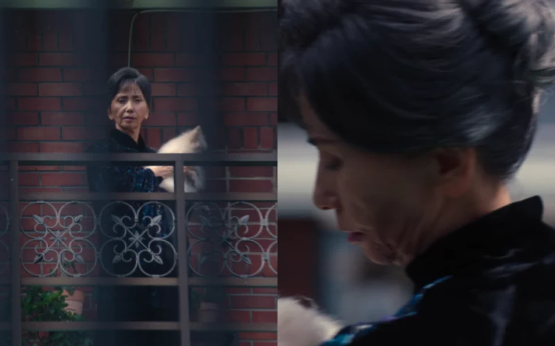 2층 대저택 난간에 고양이를 안고 있는 드라마 마스크걸의 김모미 어머니