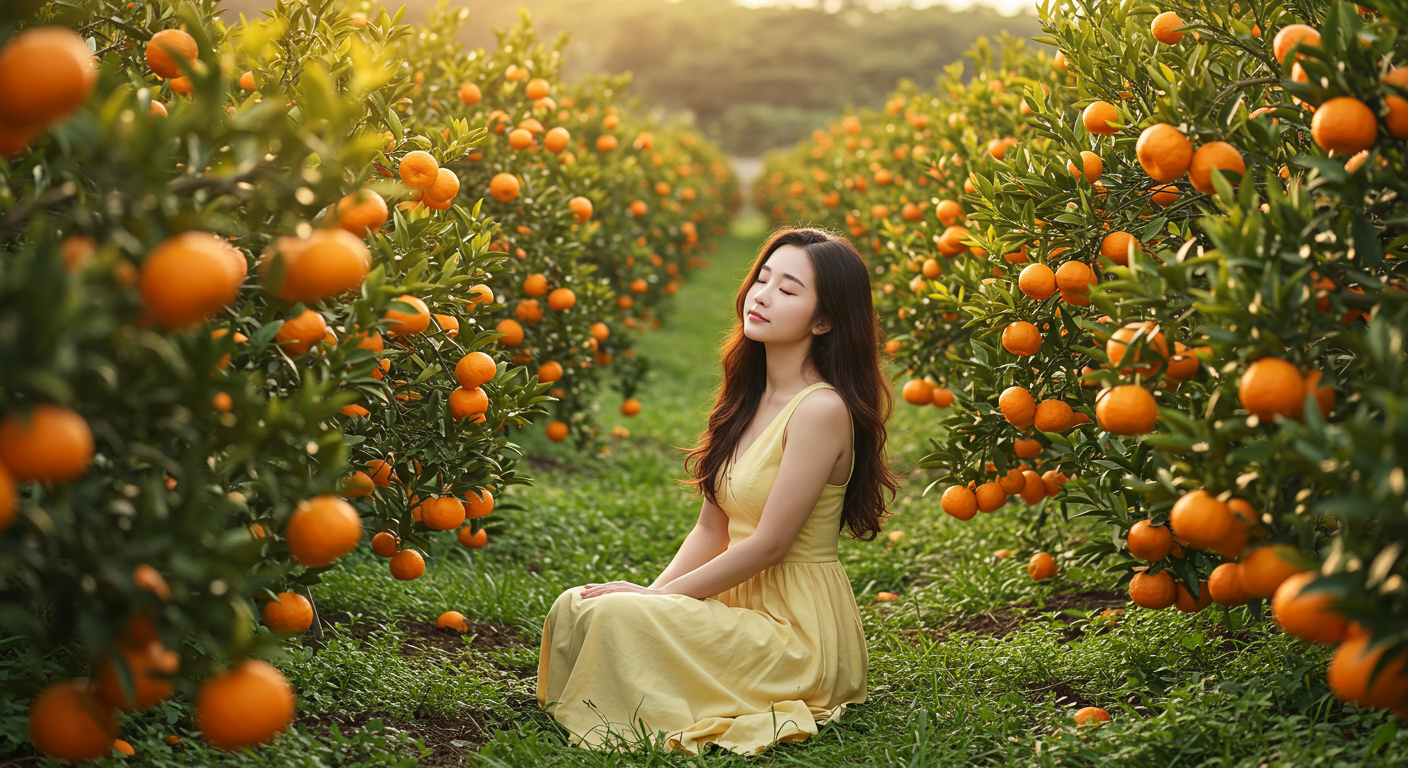 제주 귤밭에서 평화롭게 앉아 휴식하며 진정한 여행의 의미를 느끼는 한국인의 모습.