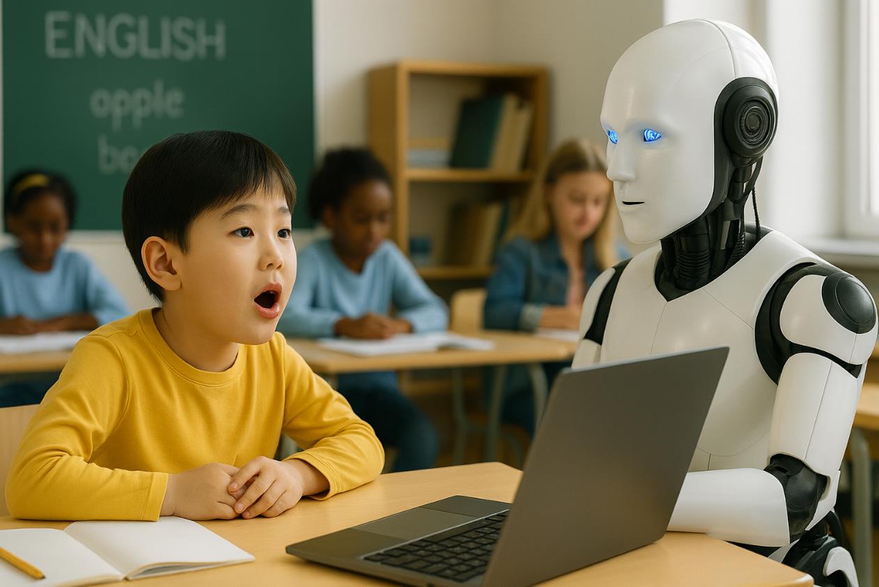 초등학교에서 AI가 어린이의 발음과 억양을 실시간으로 분석해 외국어 발음을 교정해 주고 있는 모습