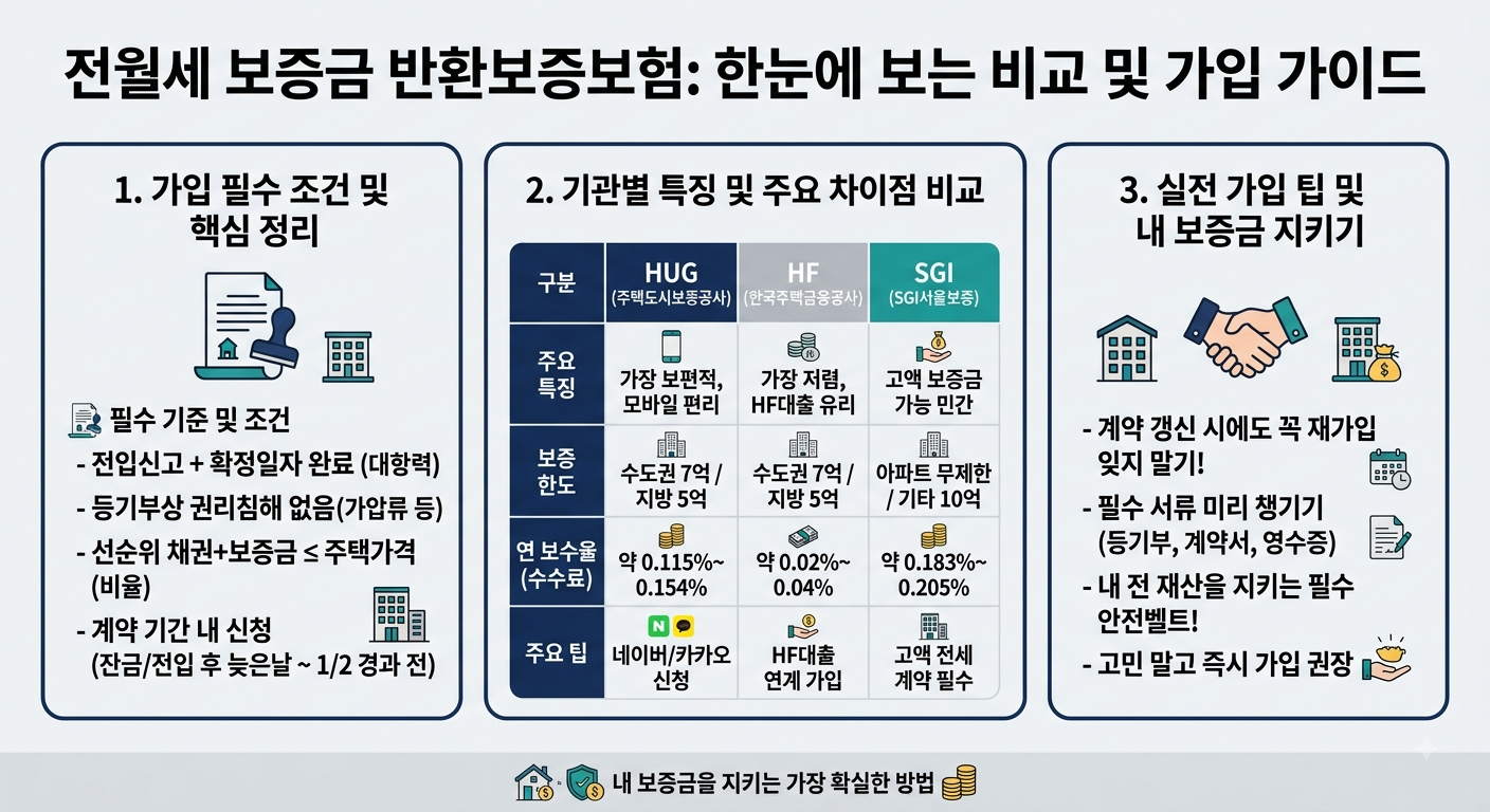 전월세 보증금 반환보증보험 가입 조건 및 HUG HF SGI 3사 비교 인포그래픽