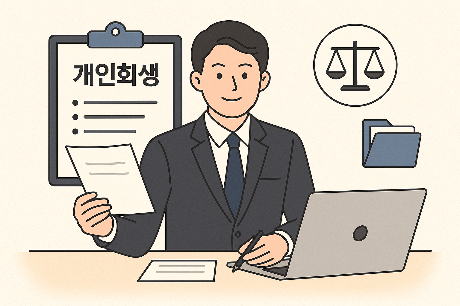 양복을 입은 남성 사업자가 책상에 앉아 서류를 들고 있고, 노트북으로 무언가를 작성하는 모습. 배경에는 법률 문서, 저울 아이콘, 폴더 아이콘이 함께 구성되어 있어 개인회생 또는 법률 절차를 암시함