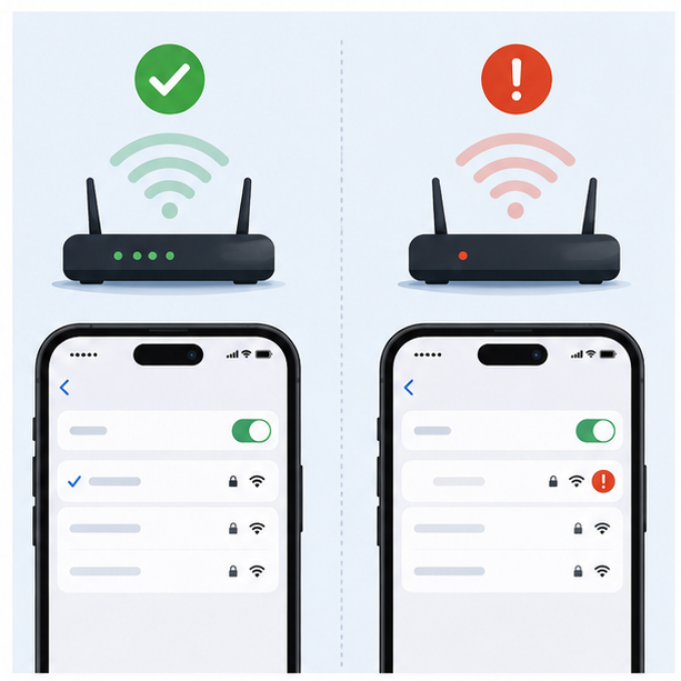 iOS 26.5 와이파이 오류와 실제 네트워크 설정 충돌 원인을 비교하는 인포그래픽 이미지