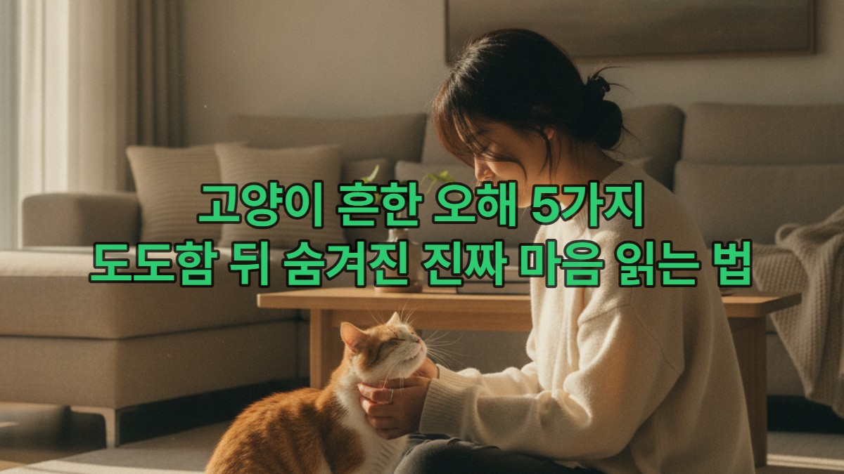 한국인 여성이 고양이의 애정 표현인 머리 부비기에 행복해하며 교감하는 모습. 따뜻한 분위기의 한국 현대 가정집.