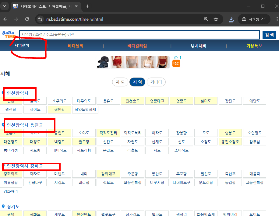 서해안 물때표 시간 확인 사이트