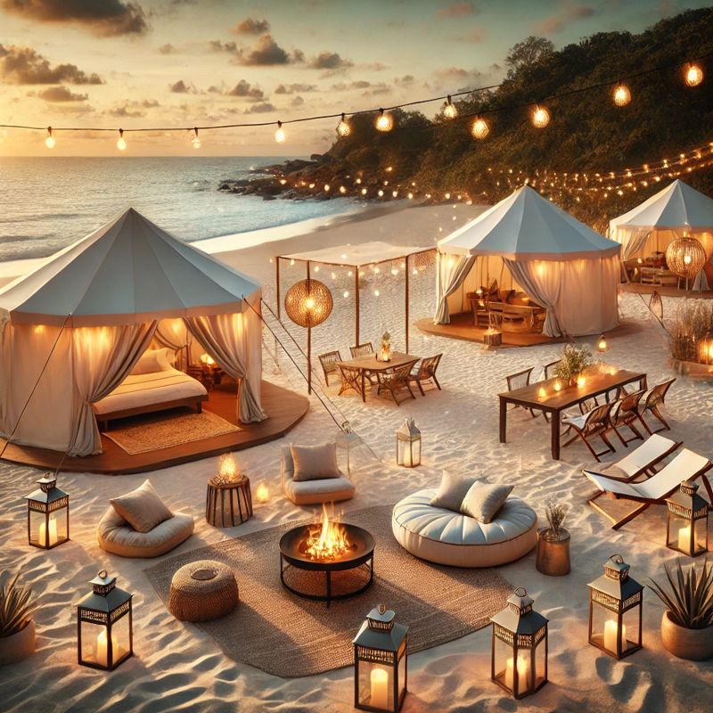 A luxurious glamping site on a serene beach, 바닷가 글렘핑장