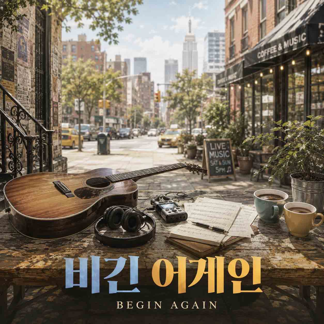 비긴 어게인 영화를 나타내는 이미지, 뉴욕의 거리와 카페를 배경으로 나무 테이블 위에 어쿠스틱 기타와 헤드폰, 녹음기, 악보와 커피잔이 놓여 있는 장면