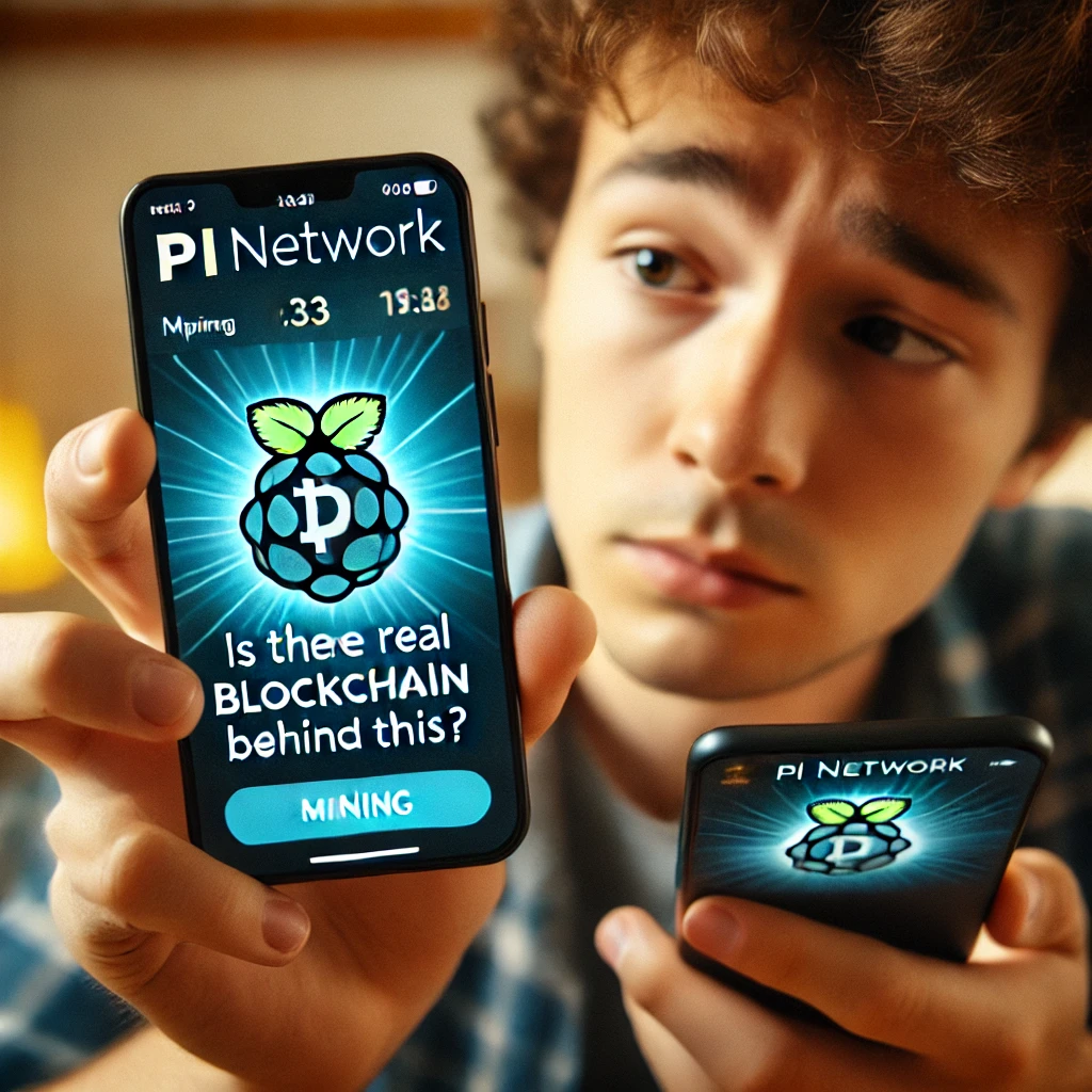 스마트폰 화면을 바라보며 파이코인 앱의 채굴 버튼을 누르는 사람. '정말 이 안에 블록체인이 있을까?'라는 궁금증이 그 눈빛에 담겨 있다