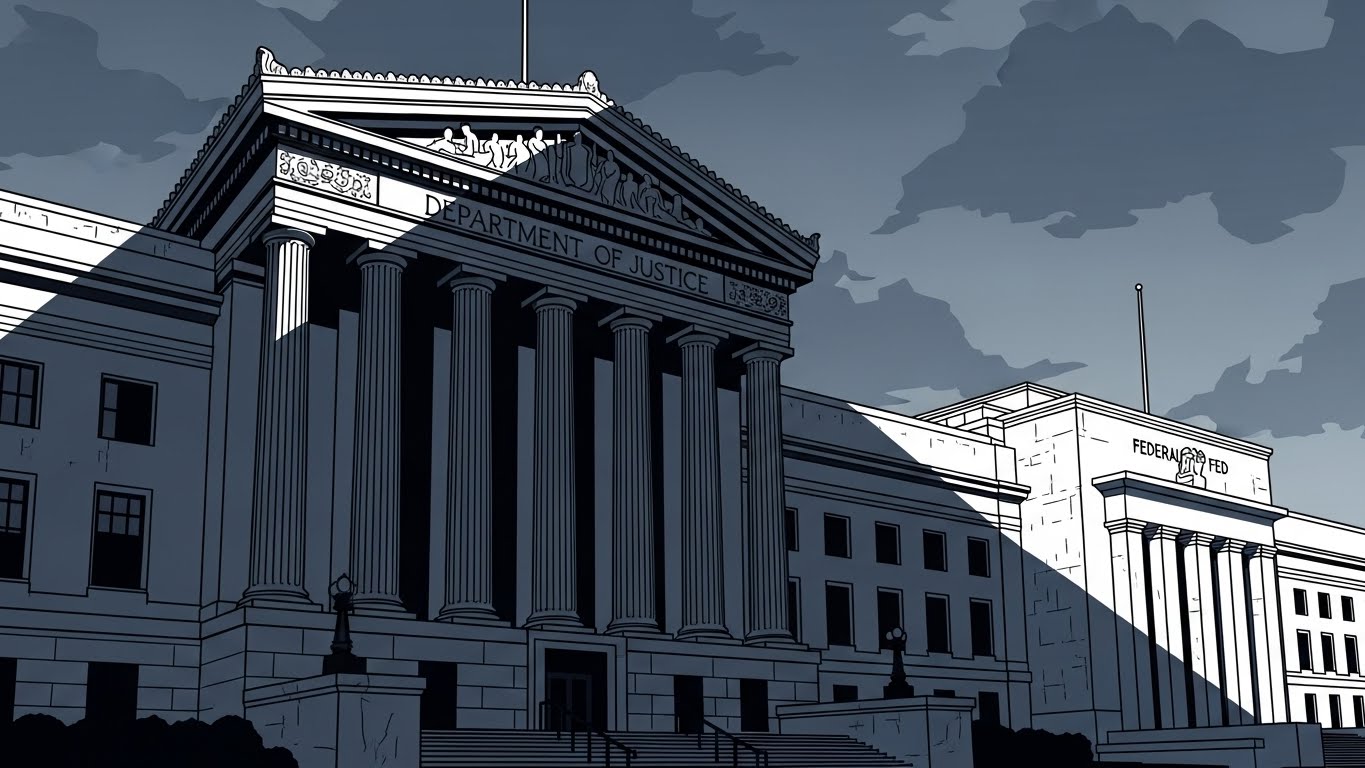 Illustration of the Justice Department building casting a shadow over the Federal Reserve building.