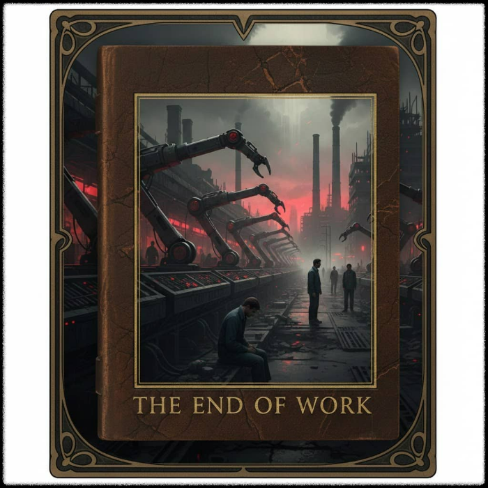 파일명: rifkin_end_of_work_1995_book_korea_2026_ai_automation.jpg Alt 태그: 1995년 제레미 리프킨 노동의 종말 책 표지와 2026년 한국 삼성전자 스마트팩토리 로봇 자동화 비교