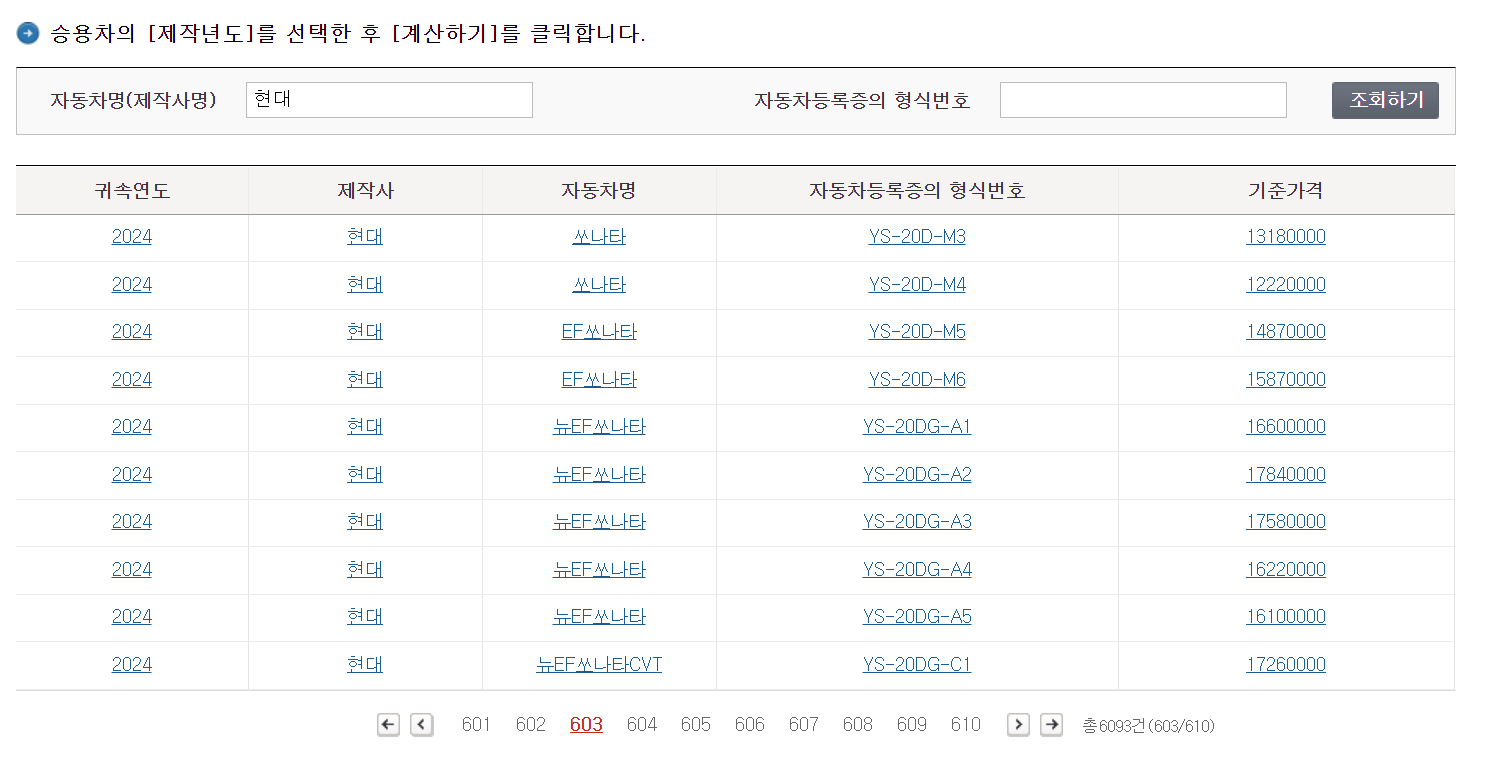 홈택스 차량기준가액 출력화면