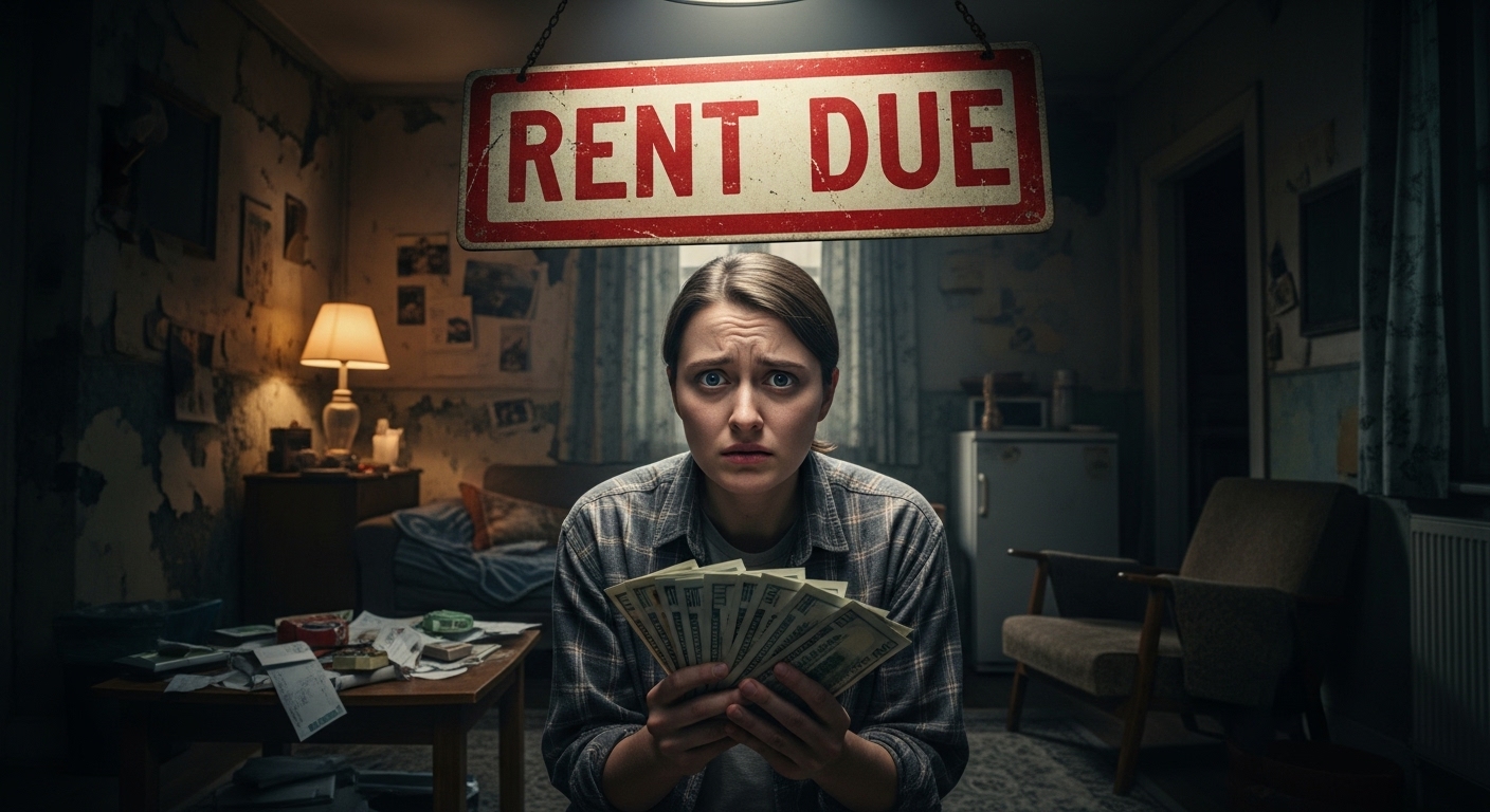 월세 청구서 옆에 놓인 지갑에서 돈이 빠져나가는 모습과 청년의 불안한 표정