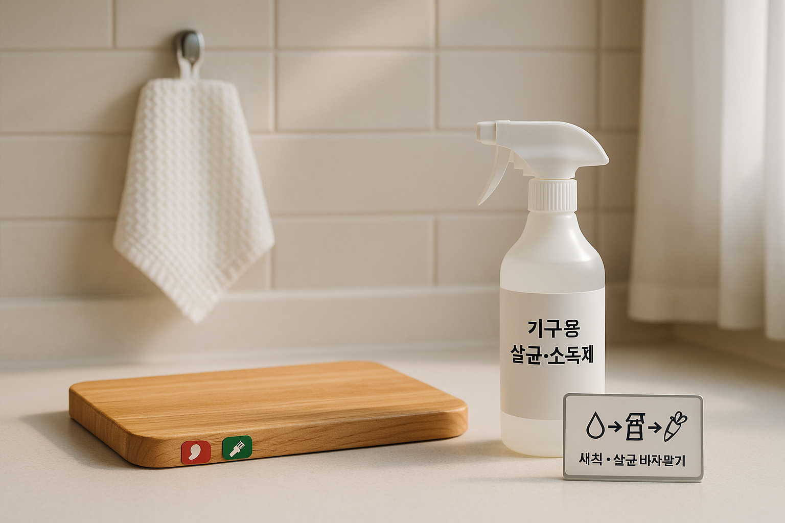 깨끗한 주방의 도마·행주와 기구용 살균제, 세척→살균→바짝 말리기 루틴