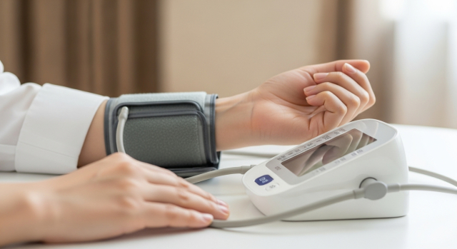 손목에 혈압계를 착용한 모습