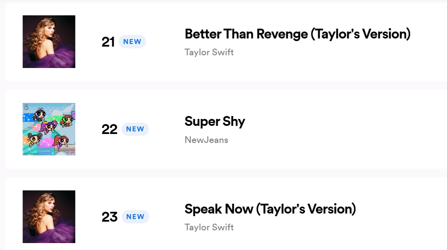 스포티파이 주간차트(23.07.17 기준) 21위 테일러스위프트, 22위 뉴진스