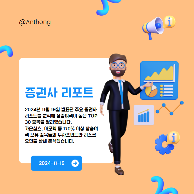 2024년 11월 19일 발표된 주요 증권사 리포트를 분석해 상승여력이 높은 TOP 30 종목을 정리했습니다. 가온칩스, 아모텍 등 170% 이상 상승여력 보유 종목들의 투자포인트와 리스크 요인을 상세 분석했습니다.