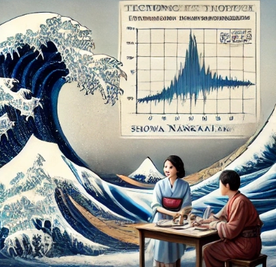 그래프와 파도와 남자와 여자가 있는 모습
