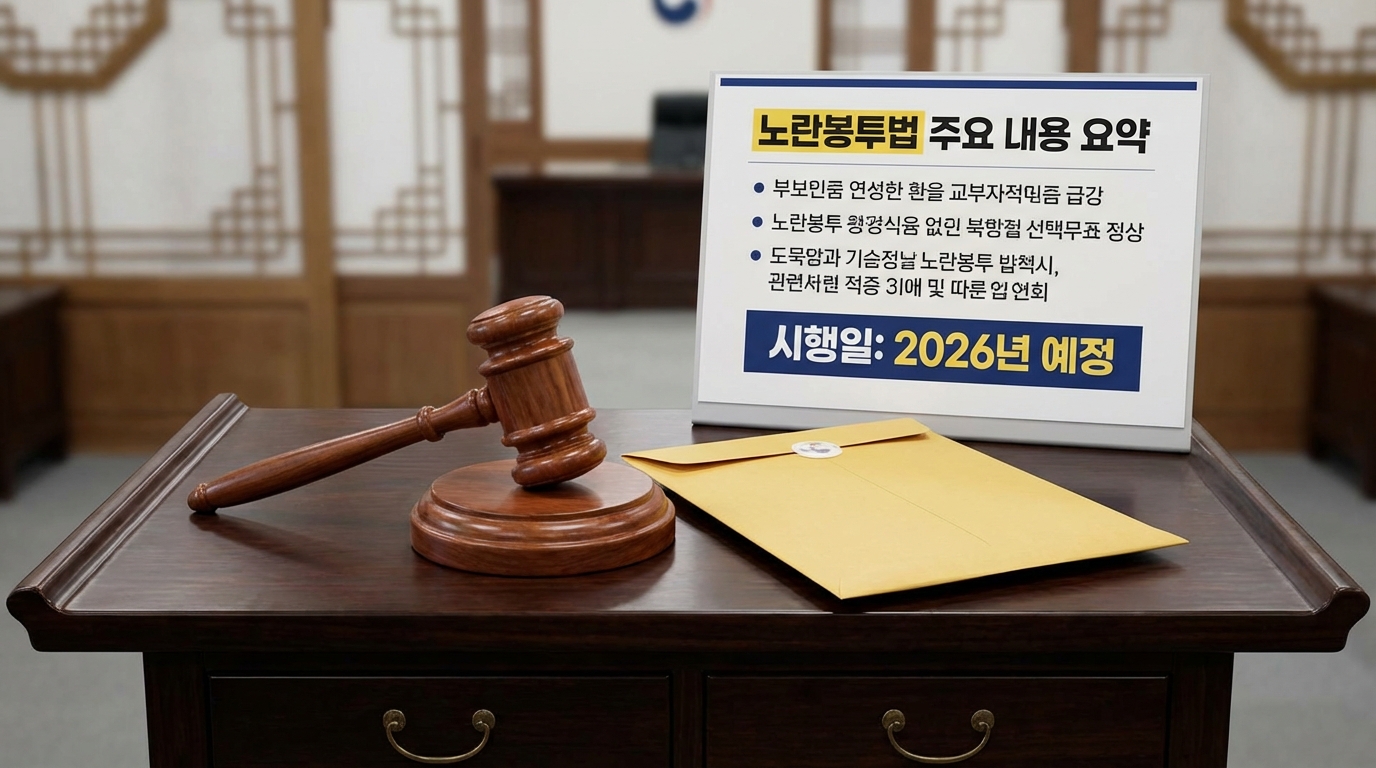 노란봉투법의 핵심 요약과 2026년 시행일을 설명하는 법원 방망이와 노란 봉투 이미지