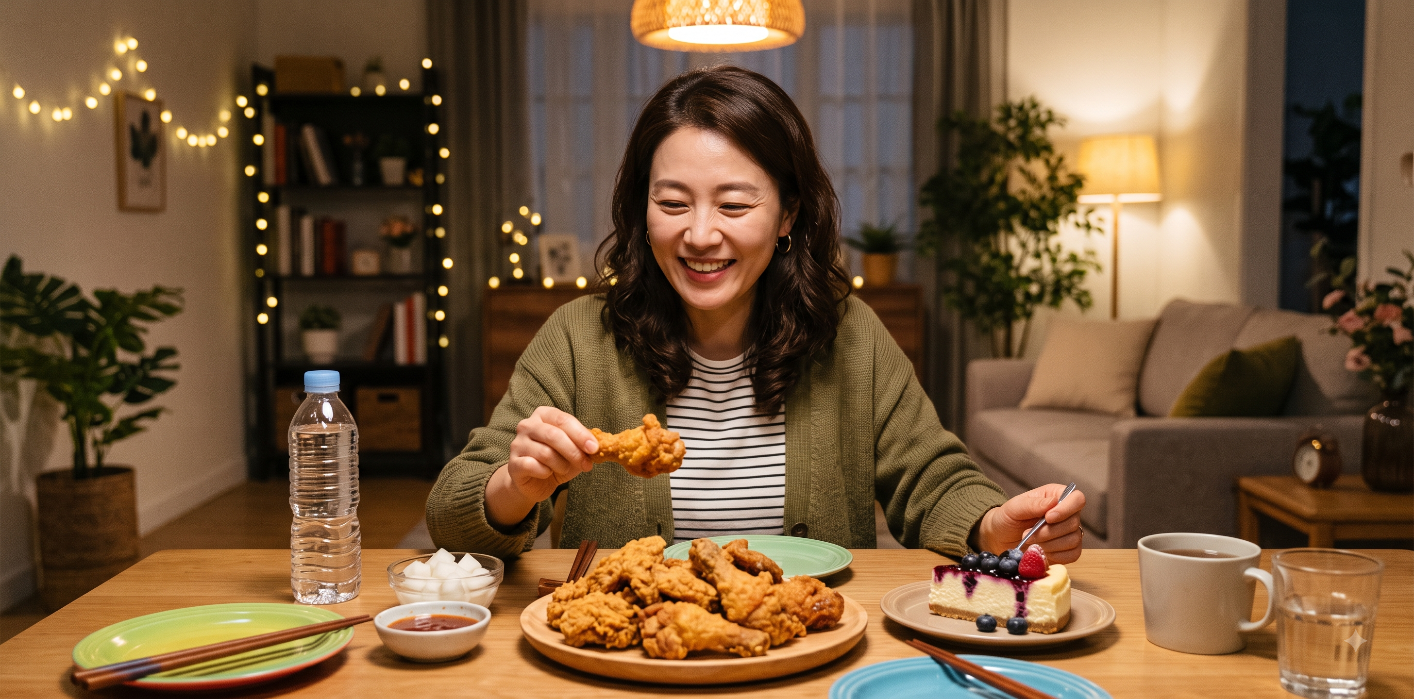 운동 후 치킨과 달달한 디저트를 즐기고 있는 여성의 모습