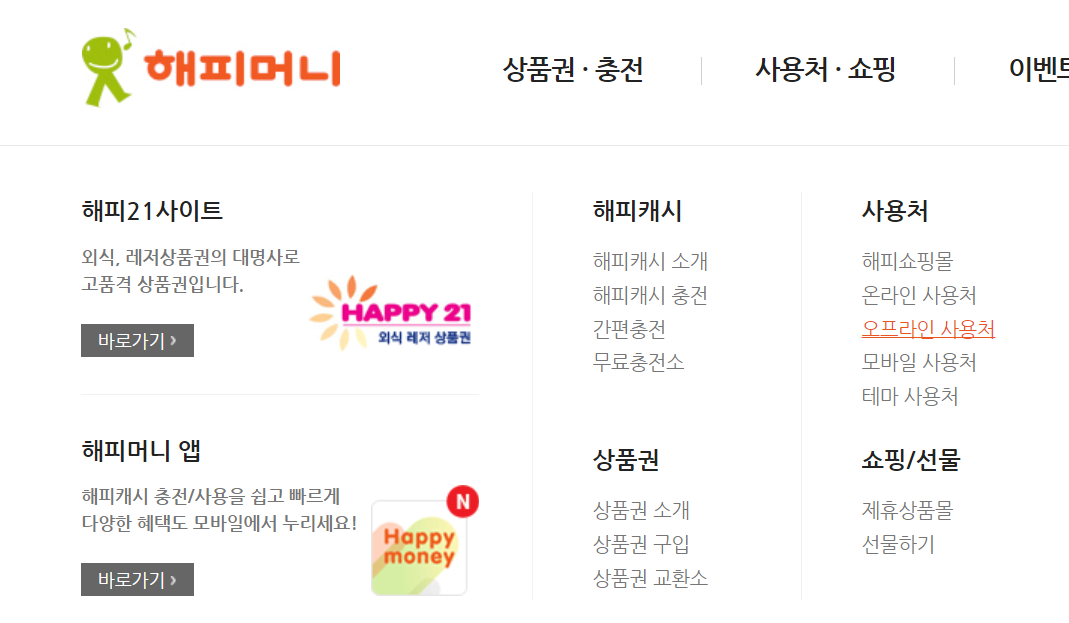 해피머니상품권-사용처