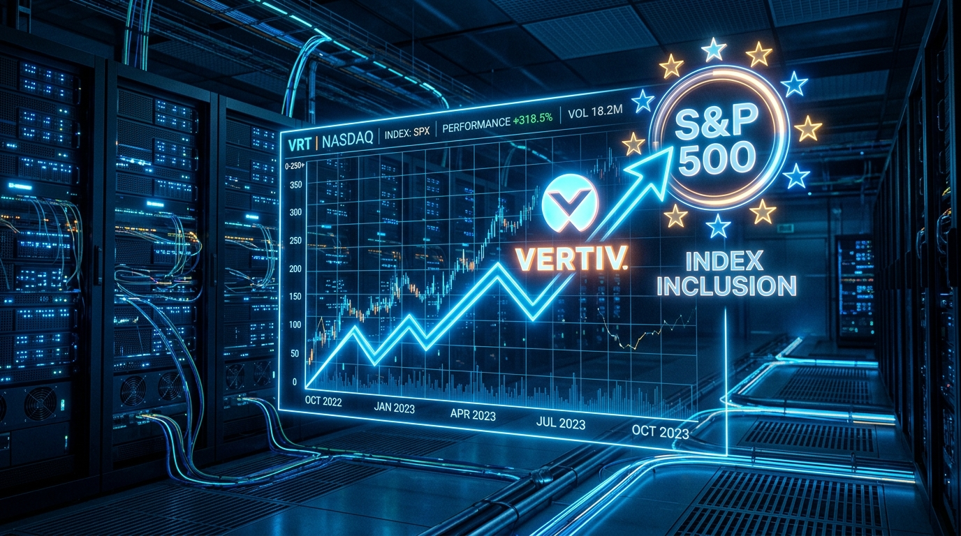 2026년 3월 새롭게 편입된 버티브(Vertiv) 등 AI 인프라 관련주들의 상승 그래프와 지수 편입 이미지