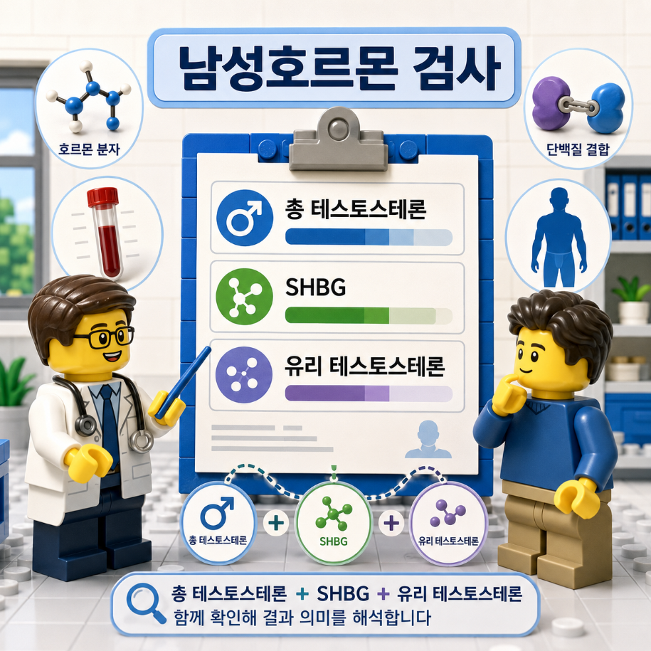 남성호르몬 검사에서 총 테스토스테론·SHBG·유리 테스토스테론을 함께 확인하는 의료 인포그래픽