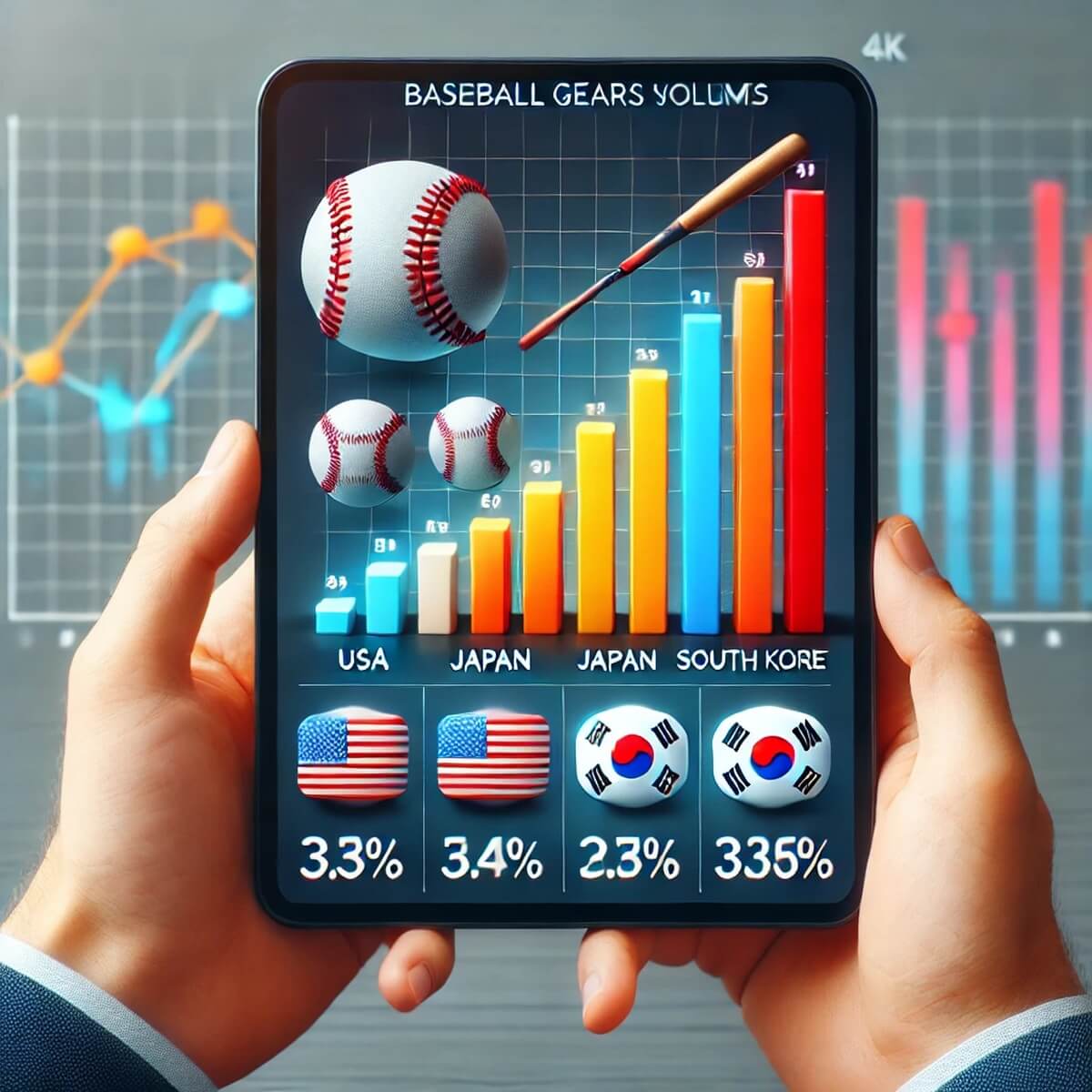 미국, 일본, 한국 야구 장비 판매량 비교 그래프