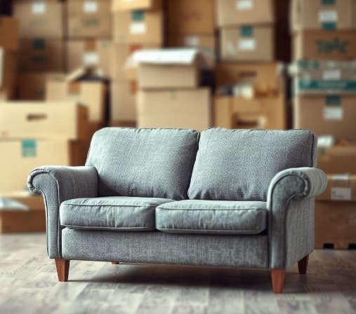 폐기물 처리 예정인 2인용 소파가 있고, 이삿짐들이 있습니다.