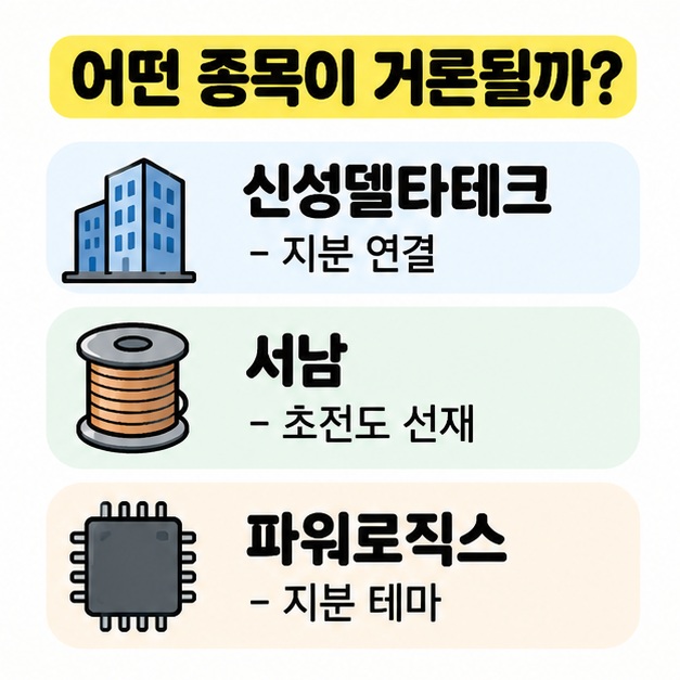 신성델타테크와 서남, 파워로직스를 지분 연결과 실제 초전도 선재 사업으로 구분한 카드