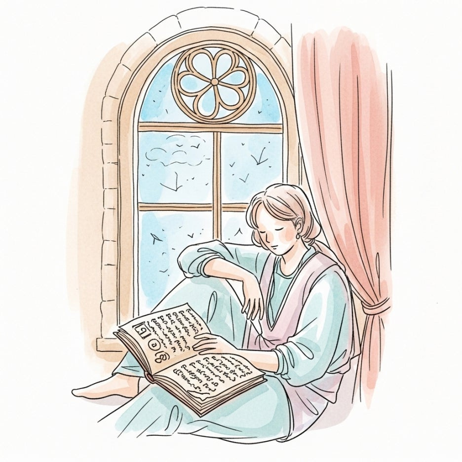 창가에서 옛 문헌을 읽고 있는 사람의 평온한 모습