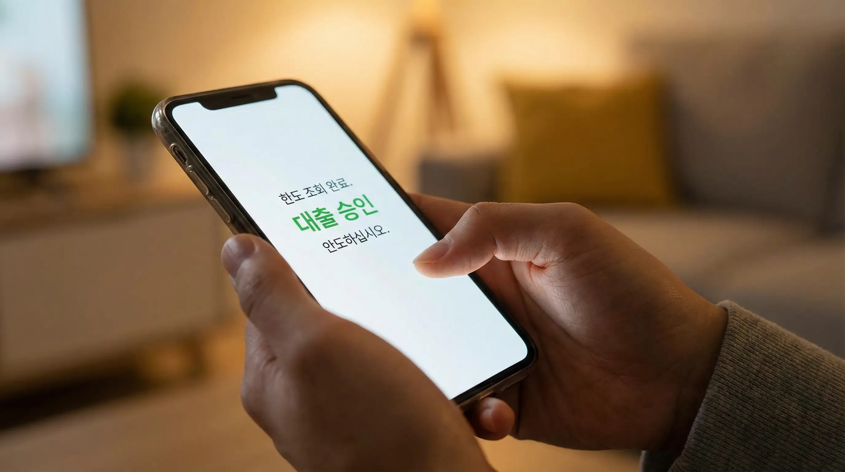 스마트폰으로 안전하게 한도 조회를 마치고 승인 메시지를 확인하며 안도하는 사람의 손 클로즈업