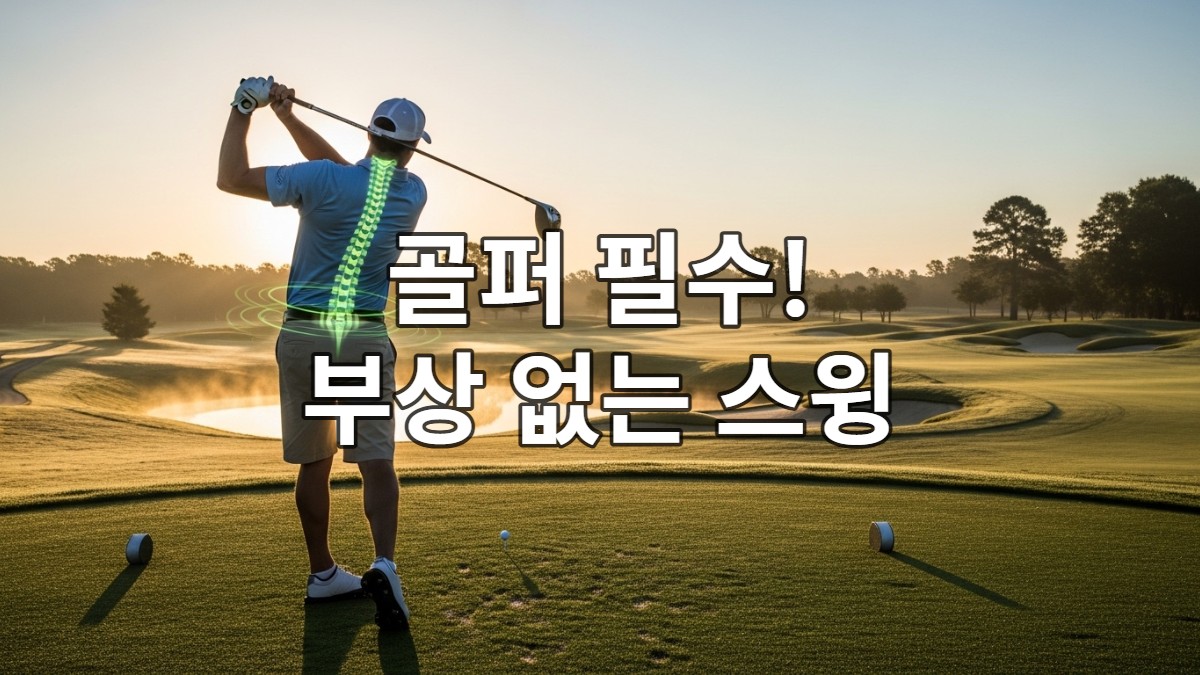 푸른 골프 코트에서 완벽한 자세로 스윙하는 골퍼의 모습. 올바른 자세가 골프 부상 예방에 중요함을 강조하는 이미지.