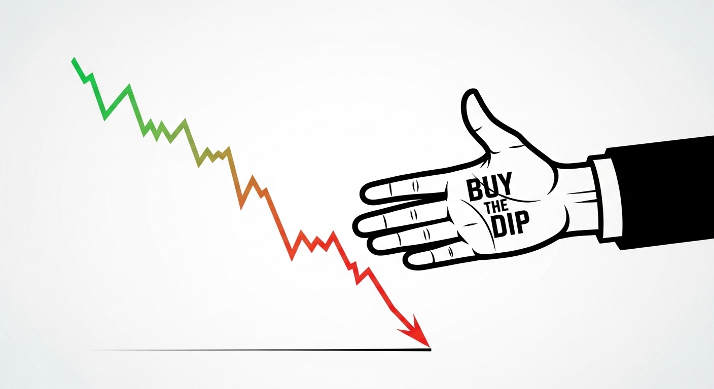 주식 그래프가 크게 조정(하락)을 보일 때, 'Buy the Dip'이라고 쓰인 손이 주식을 잡는 모습. 저점 매수 기회를 시각화함]