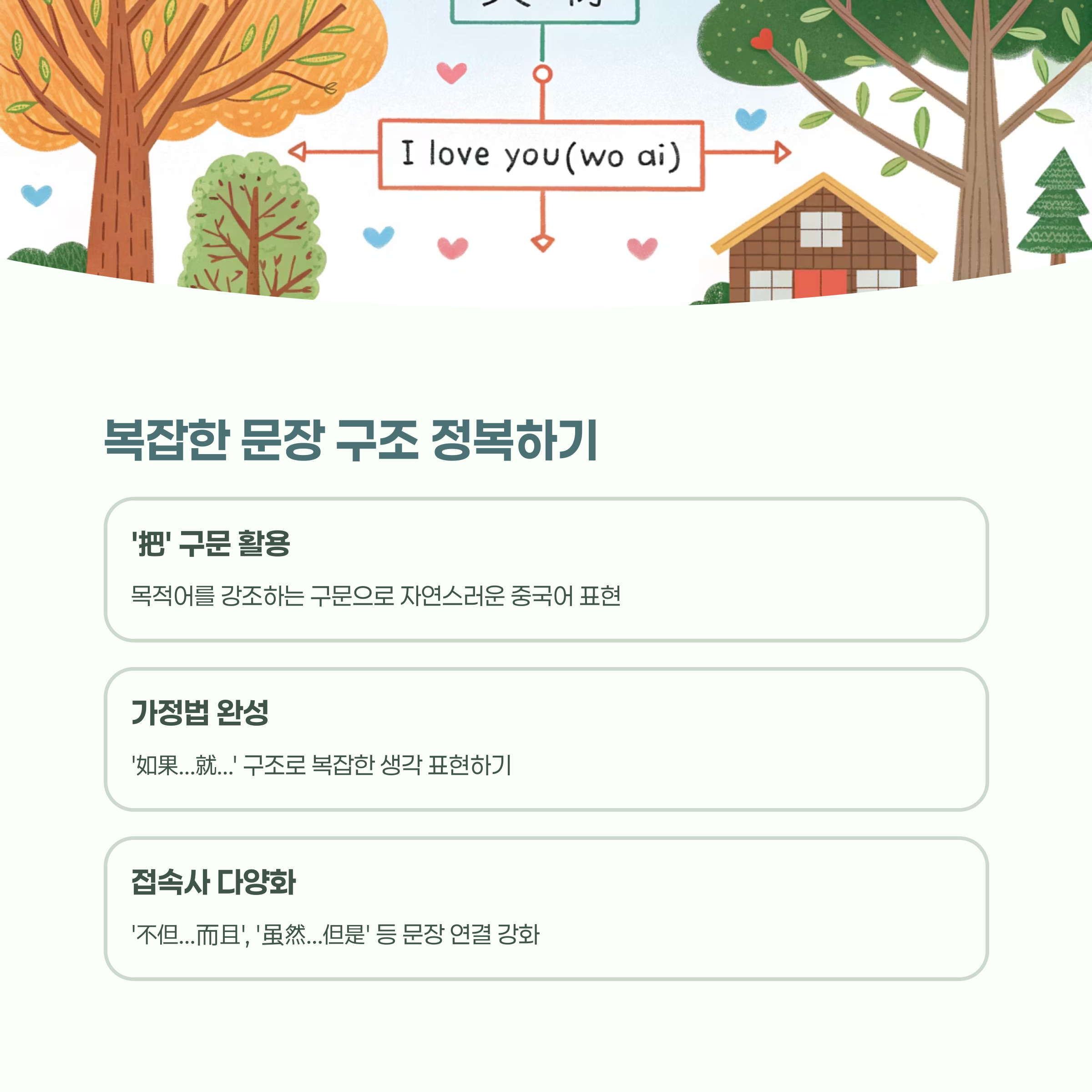 중국어 문법 규칙과 예문이 적힌 화이트보드 이미지