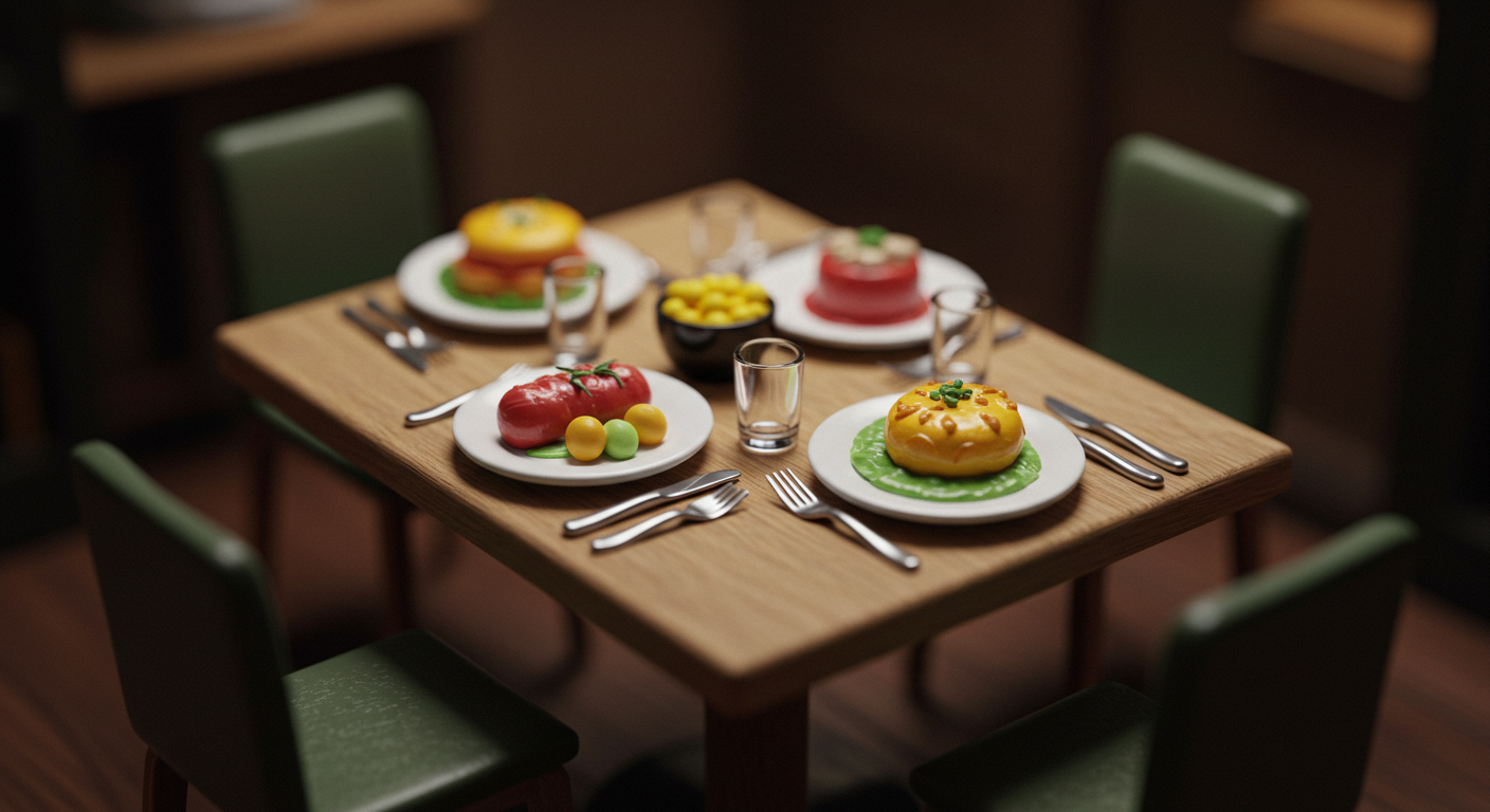 미니어처 접시 위에 2025년 유행 음식 후보들을 틸트쉬프트로 촬영한 대표 이미지