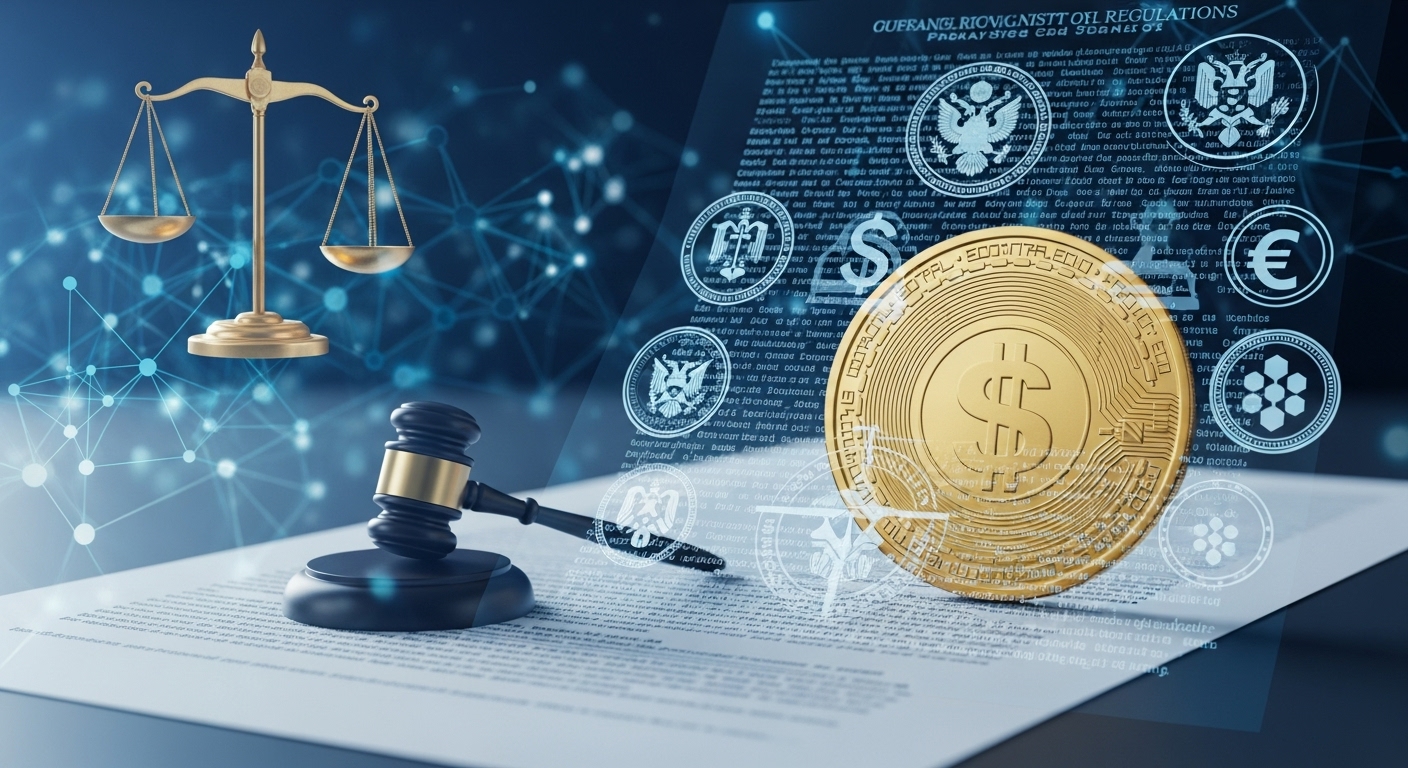 발의된 법안의 복잡한 조항들과 금융 당국의 허가 절차를 상징하는 규제 문서 속 스테이블코인.