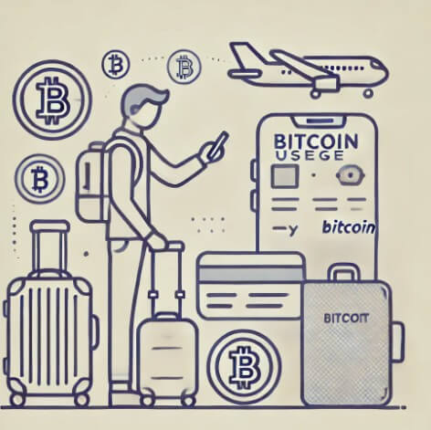 캐리백을 끌고 비행기를 타러 가고있는 관광객이 핸드폰을 보면서 비트코인 사용법을 보고 있는 그림