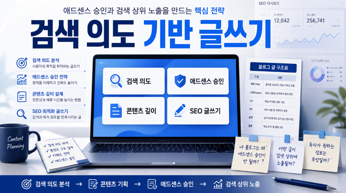 검색 의도, 애드센스 승인, 콘텐츠 깊이, SEO 글쓰기 키워드가 표시된 티스토리 블로그 전략 썸네일 이미지