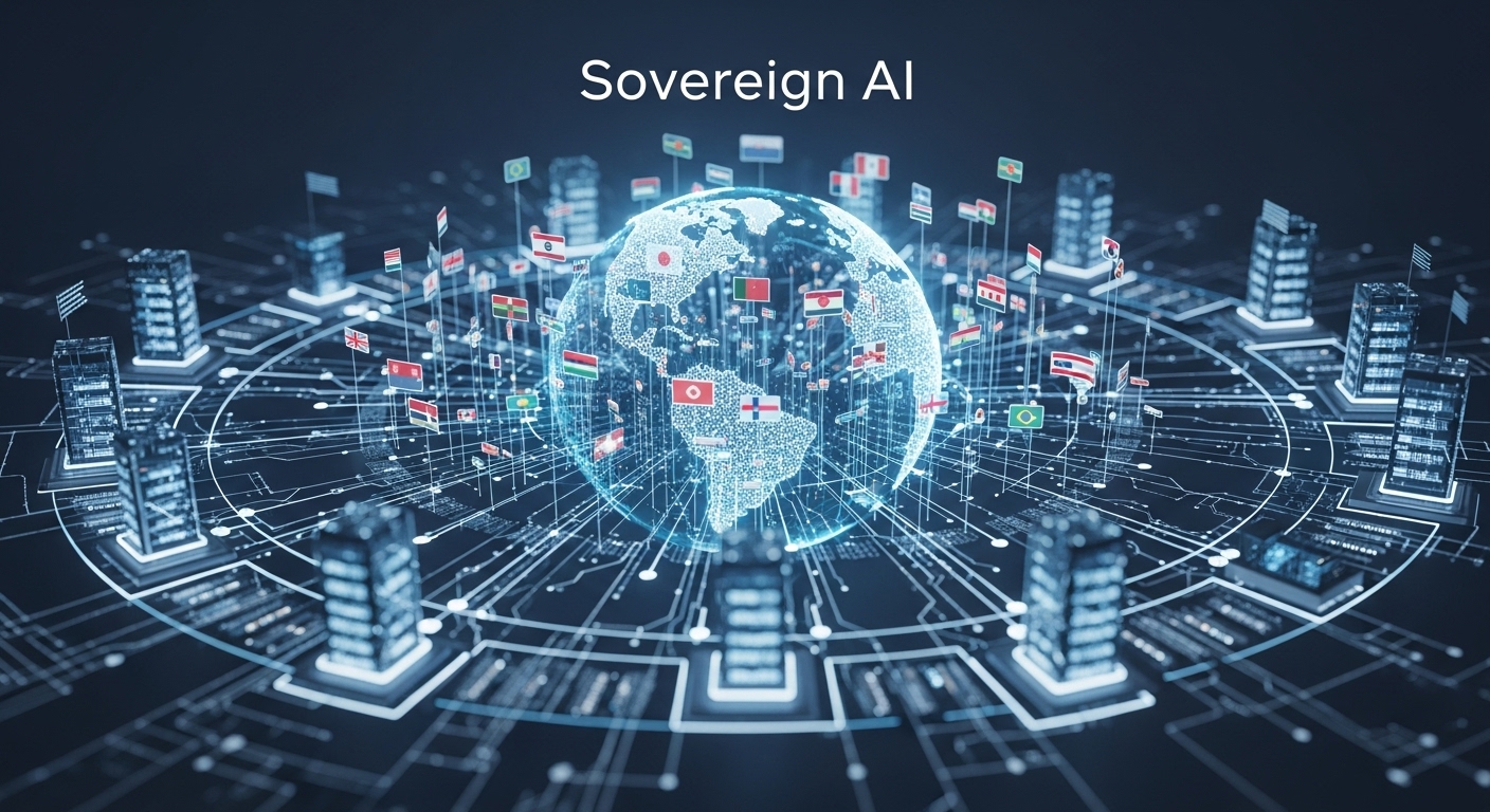지구를 중심으로 각국의 국기 문양이 디지털 선으로 연결되어 있는 모습. 각국이 독자적인 AI 인프라를 구축하고 데이터 주권을 강조하는 개념적인 이미지이다.