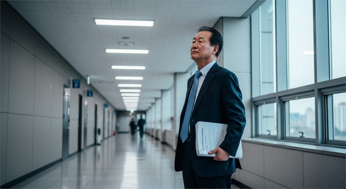 공공청사 복도에서 향후 근무 시기를 생각하는 중장년 공무원
