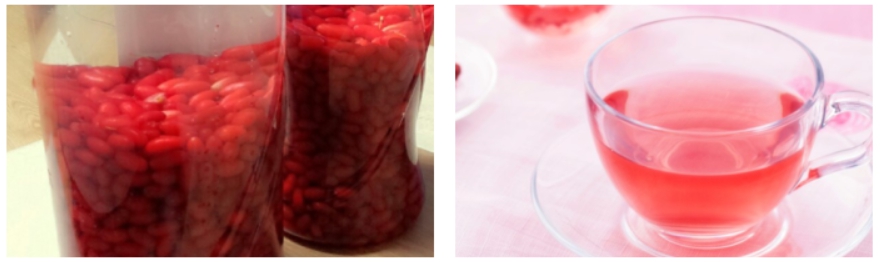 산수유 담금주 및 산수유 차 이미지입니다.