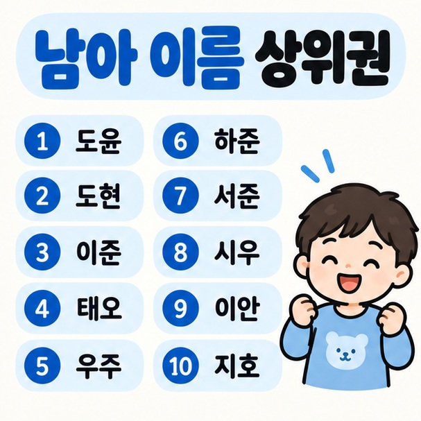 2026년 남아 도윤 도현 이준 태오 우주와 여아 서윤 지안 서아 하린 이서 등 상위 이름을 비교한 이미지