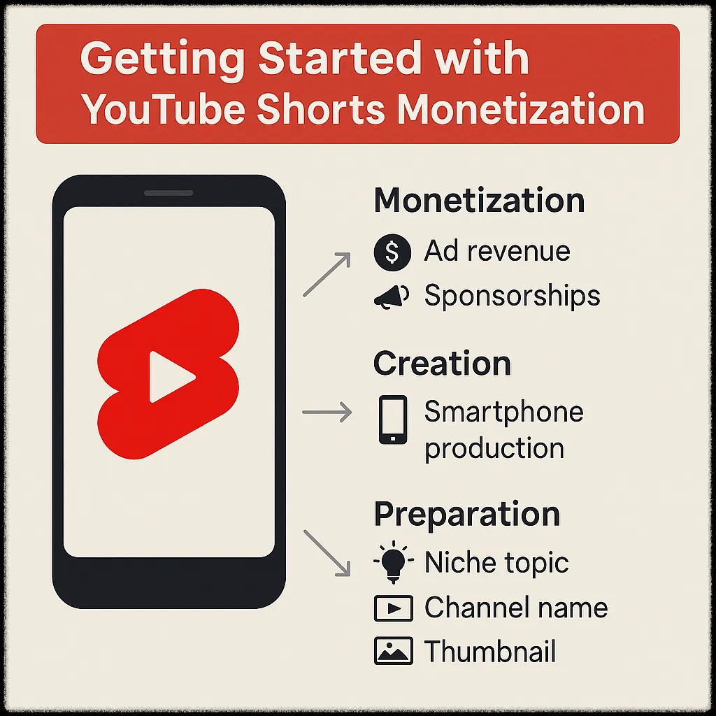 유튜브 쇼츠 채널 개설, 콘텐츠 주제 선정, 수익화 조건 등을 요약한 이미지