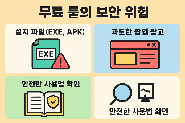 유튜브 영상 무료 다운로드 무료 툴 사용 시 발생할 수 있는 설치 파일, 팝업 광고, 보안 문제와 안전한 사용법을 설명하는 안내 이미지